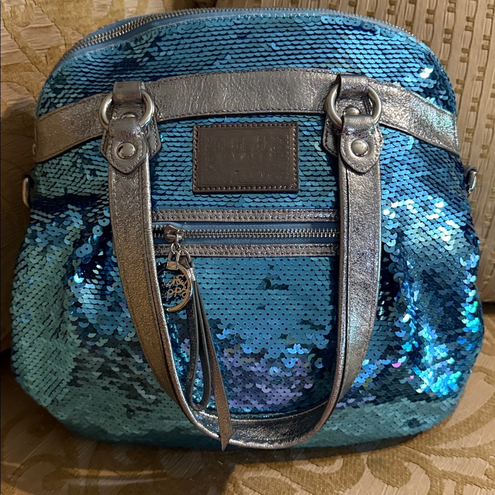 Limited Edition Coach Poppy Sequin Bag Turquoise Silver no Strap preowned